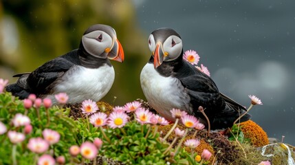   A few birds perch atop a verdant hillside, overlooking a blooming meadow filled with pink and white flowers