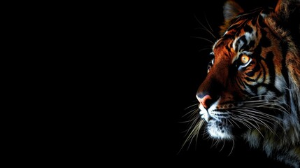   Close-up of a tiger's face against black backdrop, illuminated by a spotlight