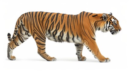   A tiger with head turned sideways and open mouth walks on a white surface