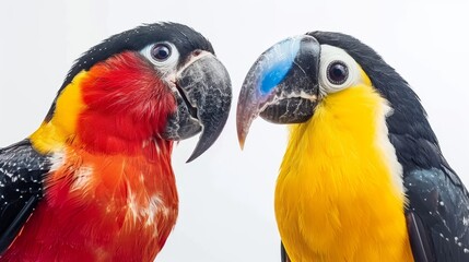   Two vibrant parrots face one another, beaks agape against a pristine white backdrop