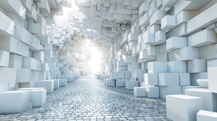   A room is filled with numerous white cubes atop a brick floor Nearby, a white wall houses a brilliant light at its endpoint