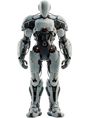The image shows a  white robot with black and yellow details