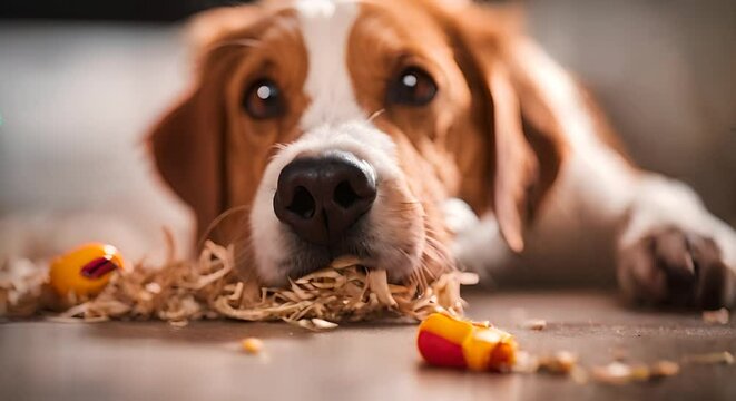 Dog breaking a toy at home.