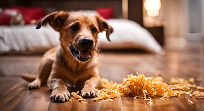 Dog breaking a toy at home.