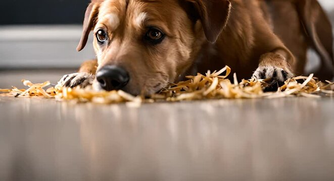 Dog breaking a toy at home.