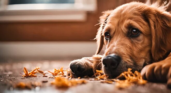 Dog breaking a toy at home.