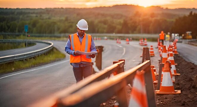Engineer reviewing the construction of a highway.