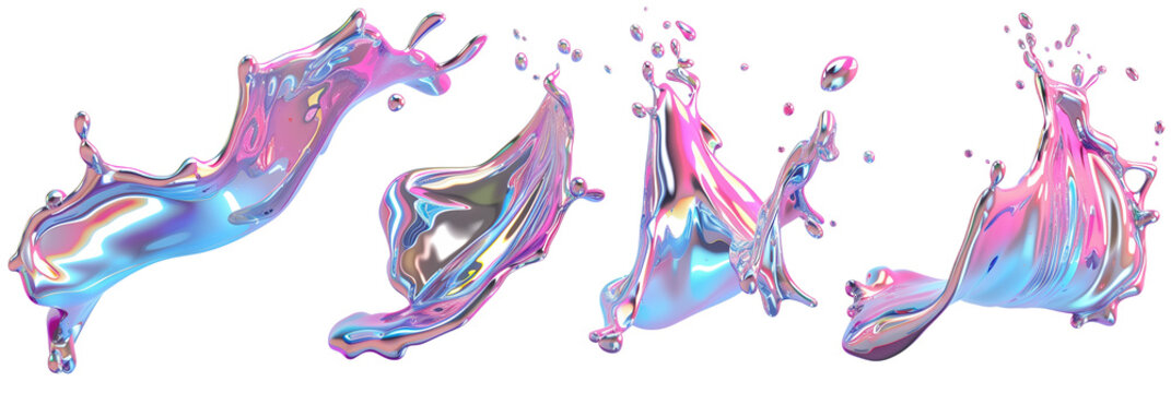 Set of splashing 3d chrome neon fluid form liquid metallic shape, transparent background