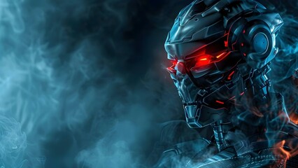 Cyborg Soldier with Red Light Eyes: Digital Artwork in a Dark Metal Helmet. Concept Cyborg Soldier, Red Light Eyes, Digital Artwork, Dark Metal Helmet