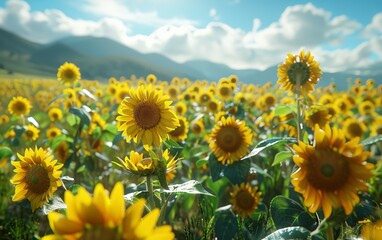 Obraz premium Large, bright yellow sunflowers sway gently in the field with a beautiful mountain landscape and blue sky in the background.
