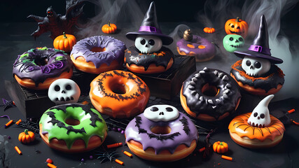 Heavily decorated collection of donuts, halloween theme, witches, ghosts, spooky, mist. Dramatic lighting, dark background
