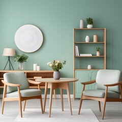 A light green living room with wooden furniture. Coffee table and chairs. Mint color. Generative AI.