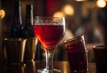 Generative ai. A glass is sitting on a bar . The glass is sitting on a black surface. The background is blurry and there are some lights out of focus.
