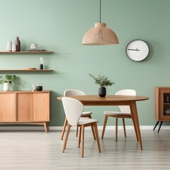 A light green living room with wooden furniture. Coffee table and chairs. Mint color. Generative AI.