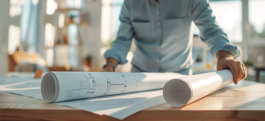 Close-up photo Blueprint drawing carefully rolling out by architect employee new house plan architecture designs in company office. Architecture, architect work, home construction, art people concept	
