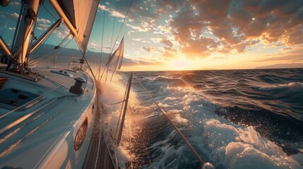 The sun lowers over the horizon, casting a warm glow on a sailboat sailing in the vast ocean.