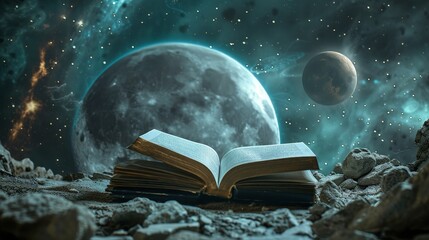 The image shows a book opened on a rocky surface with a full moon and a planet in the background.