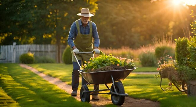 Gardener with a wheelbarrow in the garden.