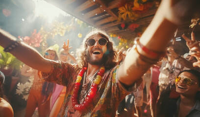 Beautiful Hippies friends men and women fellows in fancy sunglasses happy smiling laughing portraits while they making selfies on beach bar disco party. Freedom and people relations concept