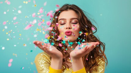 Beautiful happy smiling young woman blow confetti from hands on blue celebration backgrounds. Concept of happiness and colorful event celebrating, Christmas, Birthday, Valentine, gift, anniversary.