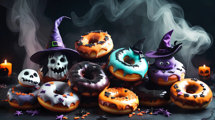 Heavily decorated collection of donuts, halloween theme, witches, ghosts, spooky, mist. Dramatic lighting, dark background