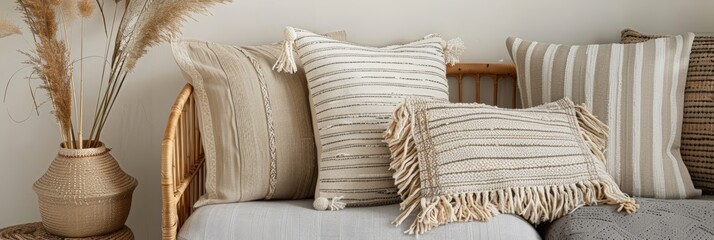 Multiple throw pillows arranged neatly on top of a sofa, adding comfort and style to the furniture