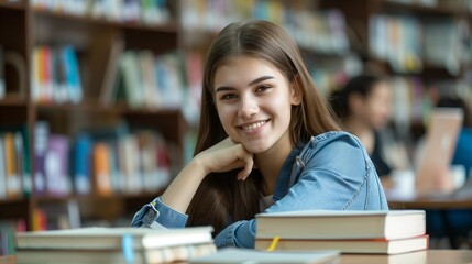 Portrait of happy teenage girl study in library. For student study, new semester, exam, school open, happy study.