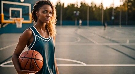 Woman playing basketball at sunset. - Powered by Adobe