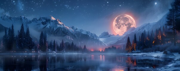 Majestic Moonlit Mountain Landscape Reflecting in Tranquil Lake at Night