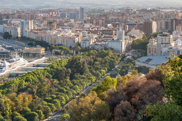 Aerial view of the center and port of Malaga, Spain