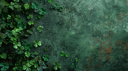 St Patrick's Day background with shamrock leaves on green grunge texture, top view. Design for banner or poster. Space for text. Flat lay, high angle view.