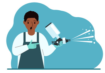 A man in a special suit holds a paint spray gun.