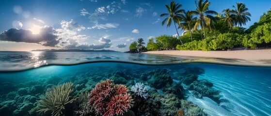 Tropical island beach with coral reef underwater.