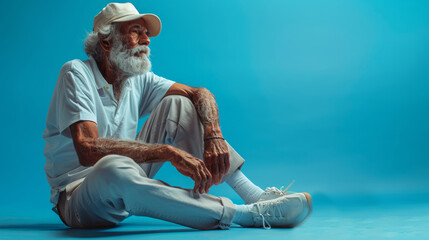 Elderly man sitting with a tennis racket at a blue court - Powered by Adobe