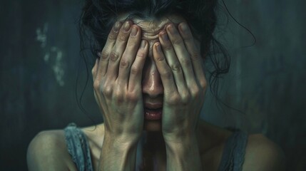 woman with hands covering her face and tears eyes 