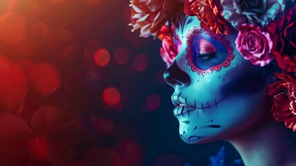 Woman with sugar skull make up and flowers 