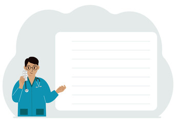 A male doctor holds pills in his hand. There is space for text next to it.