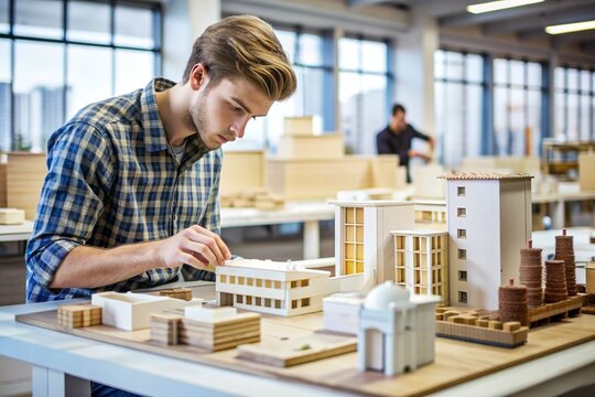 Architecture Student with Models - Caucasian male student examining architectural models in a university studio.