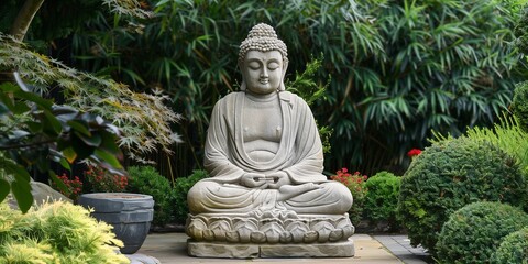 Buddha status in natural background, Buddha sits in garden with water, plants and lotus, concept of meditation, Buddha religious, believe, peaceful, with copy space.