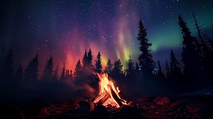 Camp fire in wilderness forest night on Aurora borealis, northern lights over bonfire in winter forest background.