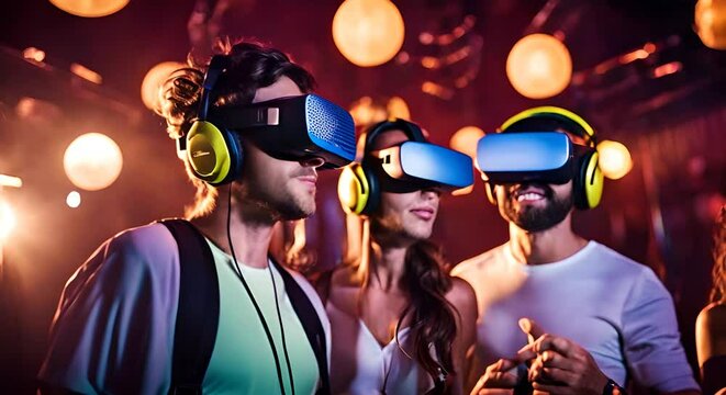 People with VR glasses in the nightclub.