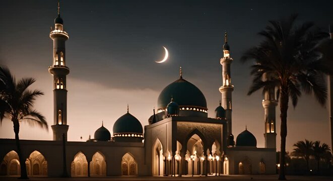 Mosque at night with the crescent moon.	
