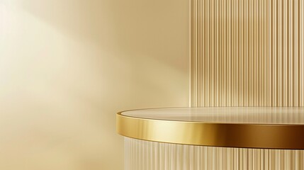 Close up of empty modern golden round table on reeded glass partition on cream colored wall for luxury, organic, beauty, cosmetic product display, minimal design with copy space.