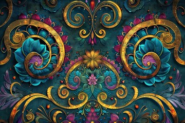 Opulent decorative fabric with intricate floral and scroll designs in deep blues and golden accents