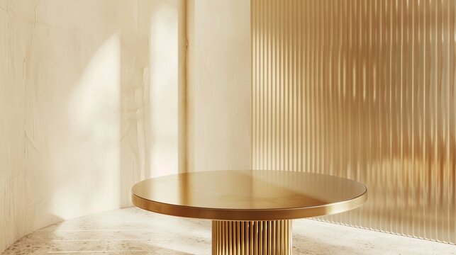 Close up of empty modern golden round table on reeded glass partition on cream colored wall for luxury, organic, beauty, cosmetic product display, minimal design with copy space.