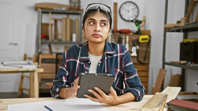 Thoughtful young indian woman with long hair using tablet in carpentry workshop