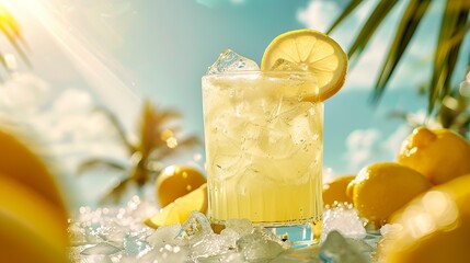 A tropical cocktail of refreshing lemonade served with lots of ice and a fresh lemon wedge. Lime cocktail in a tropical beach setting.