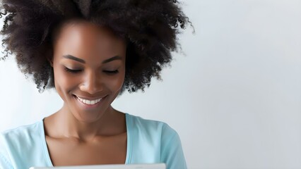 Focused woman smiling while looking at tablet with data isolated on white. Concept Technology, Business, Data Analysis, Professional, Success