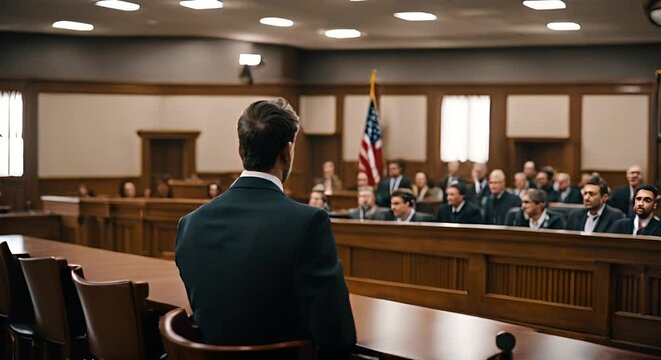 Man on trial in a court.