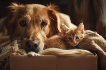 A dog and a cat are laying together in a box